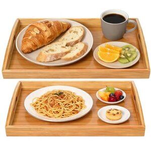 Bamboo Serving Tray Set 2 Pack Bed Breakfast Dinner Trays with Handles